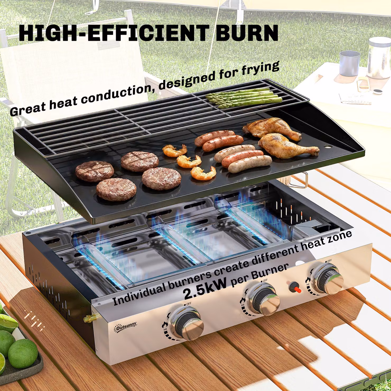 Outsunny 3 Burner Gas Plancha Tabletop Grill Griddle with Warming Rack, 7.5 kW, Black – 4