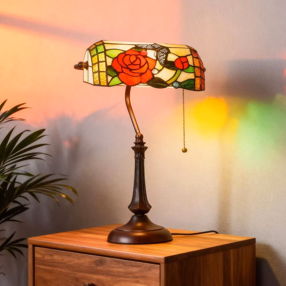 Wyld Haus Tiffany Style Rose and Butterfly Table Lamp with Bronze Tone Base and Multicolour Glass – 7