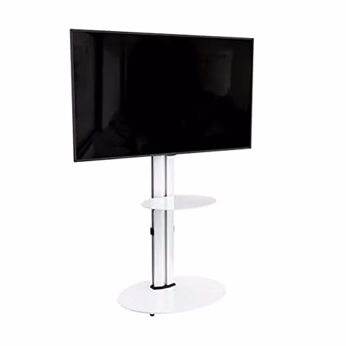 AVF Freestanding Silver Column TV Stand with White Safety Glass Shelving and Universal VESA Bracket for up to 55 inch Screens