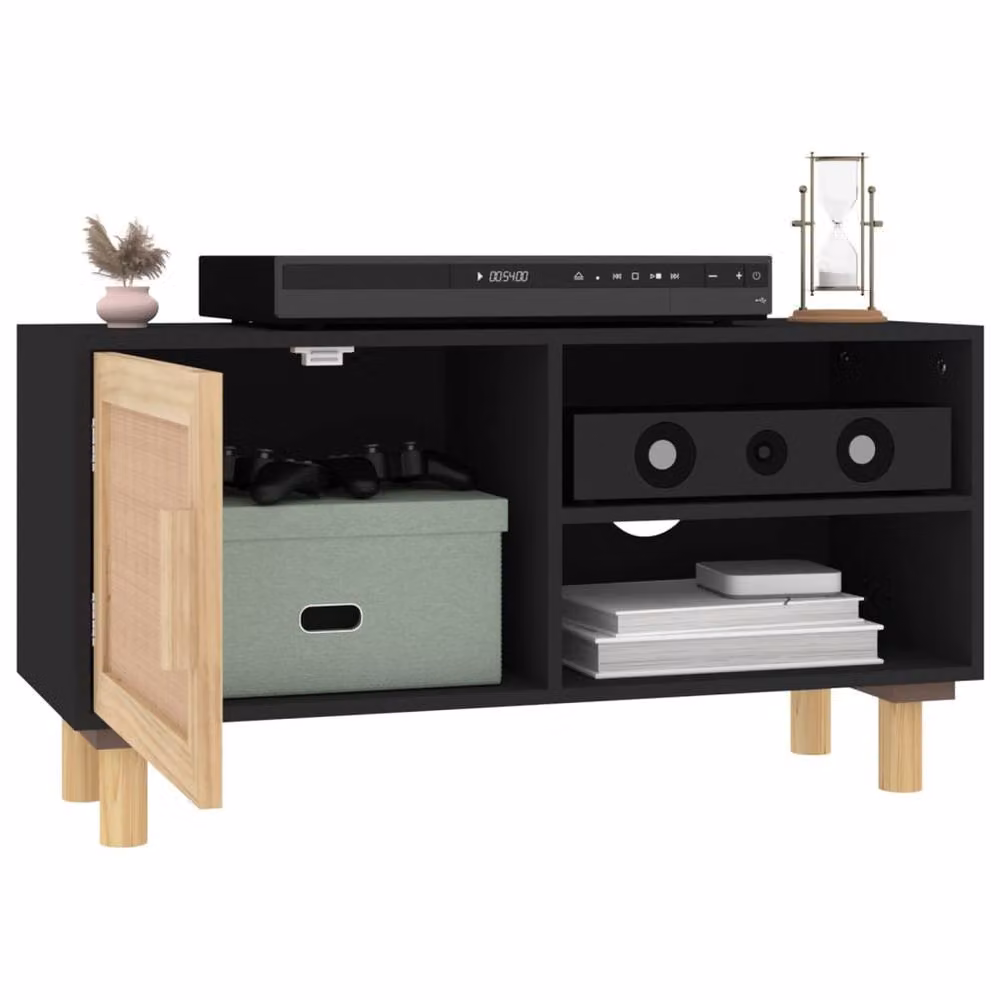 Berkfield Home Black TV Cabinet in Solid Pine and Natural Rattan, W/D/H: 80 x 30 x 40 cm – 3