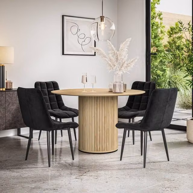 More4Homes Arlo Oak Round Dining Table and 6 Black Nova Velvet Dining Chairs Set