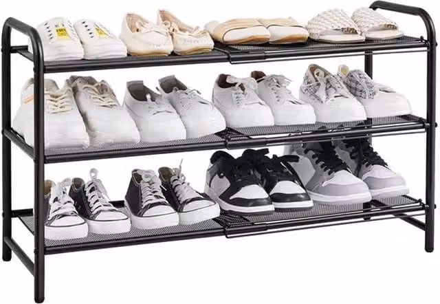 VOGREX Black 3-Tier Expandable Metal Shoe Rack for Hallways