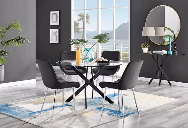 FurnitureboxUK Novara Round Glass Dining Table with 4 Pesaro Silver Chairs, Black and Silver