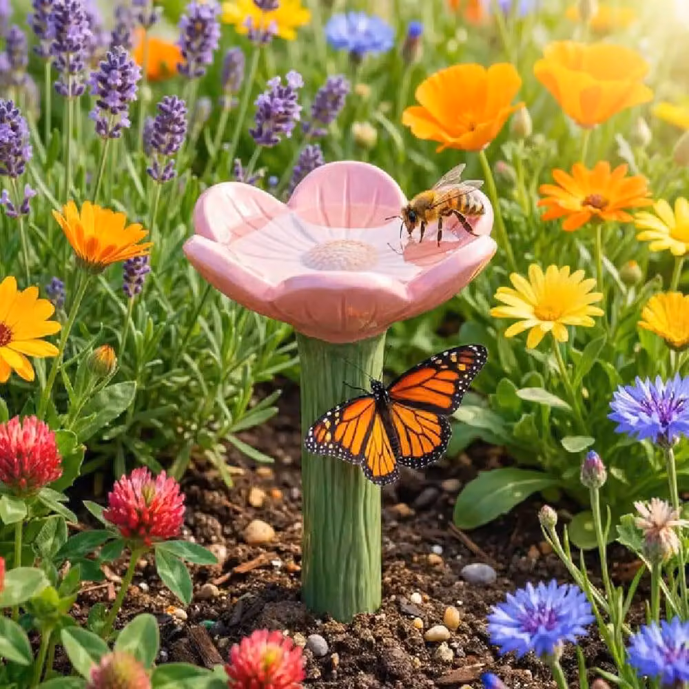 Quipulse Pink Flower-Shaped Resin Bee Watering Station – 3