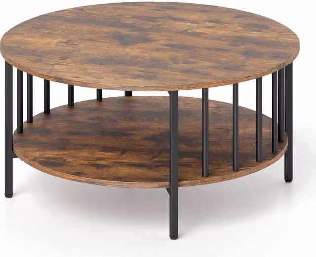 Gymax 2-Tier Round Coffee Table in Brown
