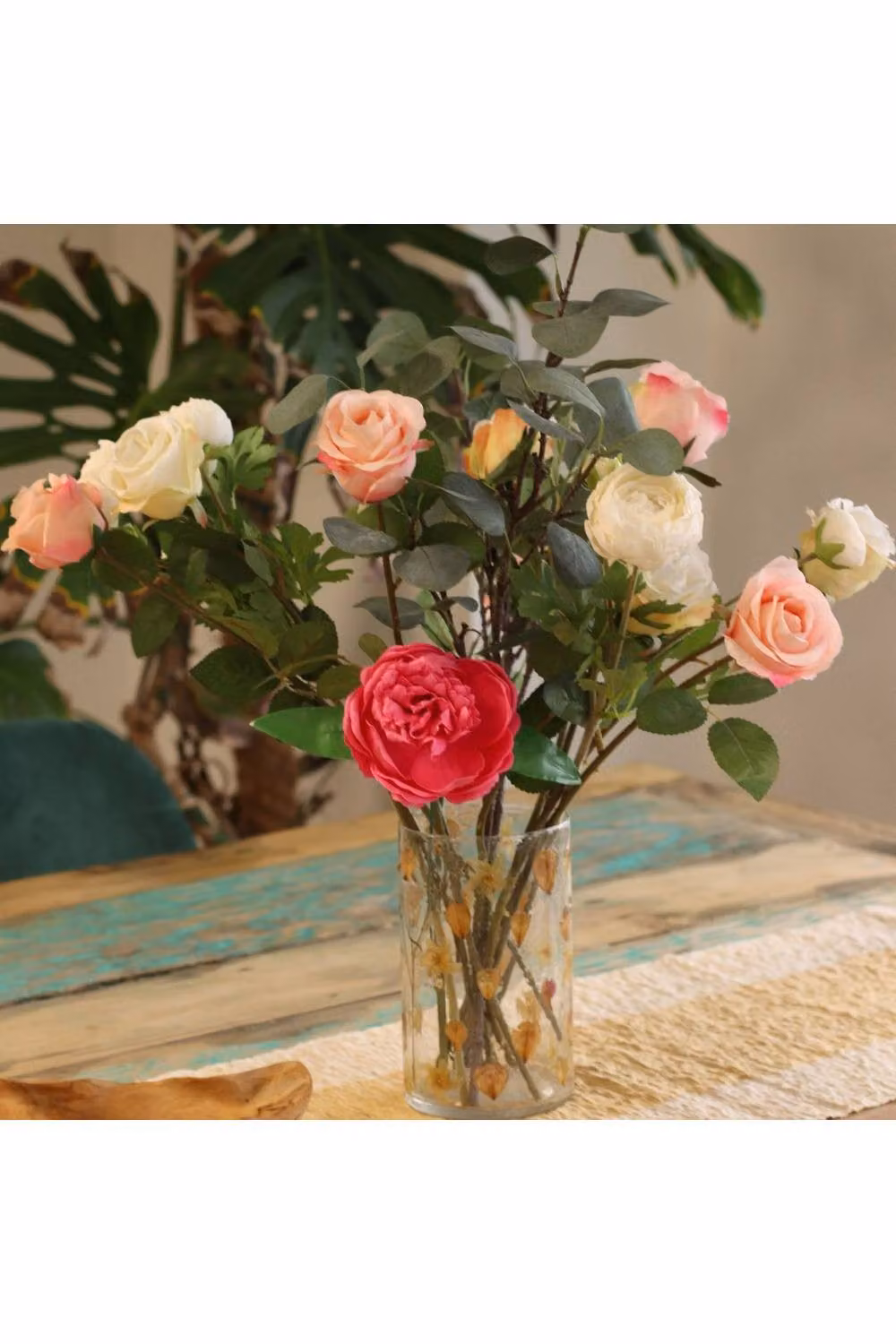 KDMD Natural Floral Glass Vase and Pillar Candle Holder, Transparent, H 19 cm x W 11 cm – 4