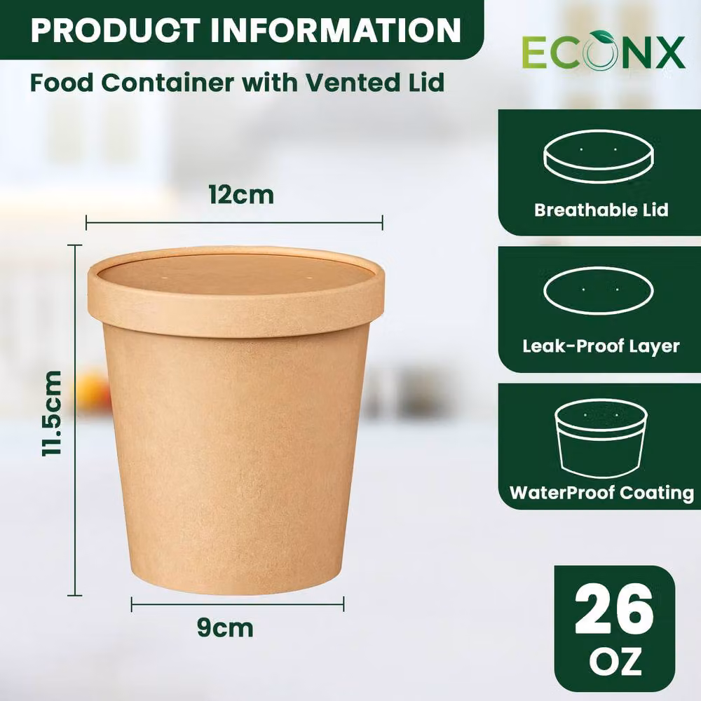 ECONX Disposable Brown Paper Soup Cups and Salad Bowls with Lids, 26oz, 200 Pieces – 4