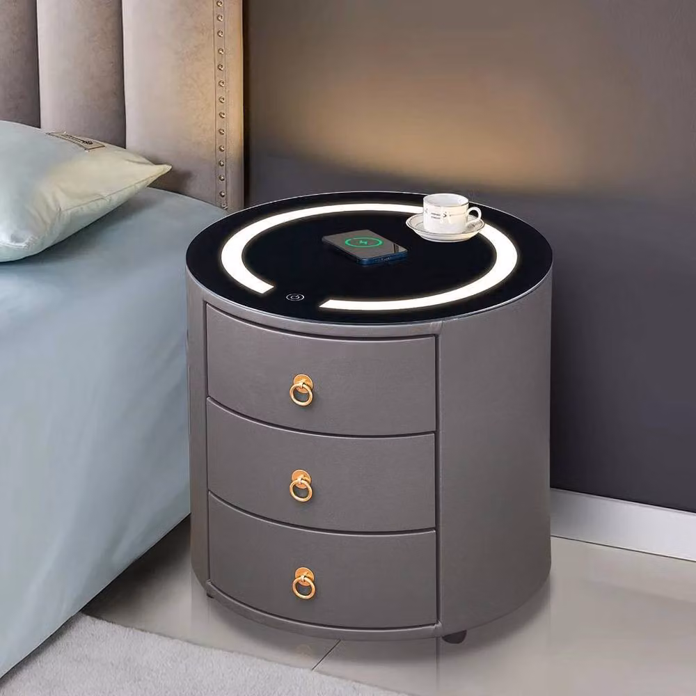 FLAVORA Modern 3 Drawer Bedside Table with LED Lighting and Wireless Charging in Black and Grey – 3