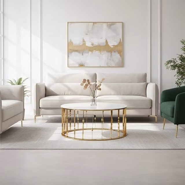 Fifty Five South Arezzo Round Coffee Table with White Glass Top and Gold Metal Frame
