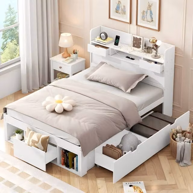 ModernLuxe Kids Single Bed with Drawers and Storage Cabinet Headboard in White, W/D/H: 90 x 190 x 200 cm