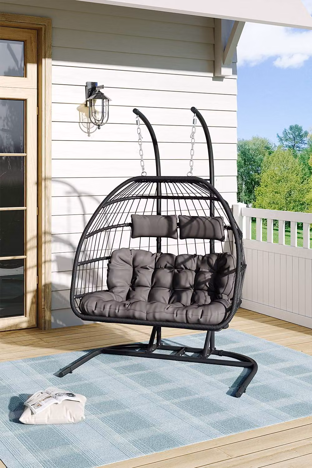 H&O Direct Modern 2-Seater Outdoor Hanging Egg Chair in Matt Black with Cushions – 2