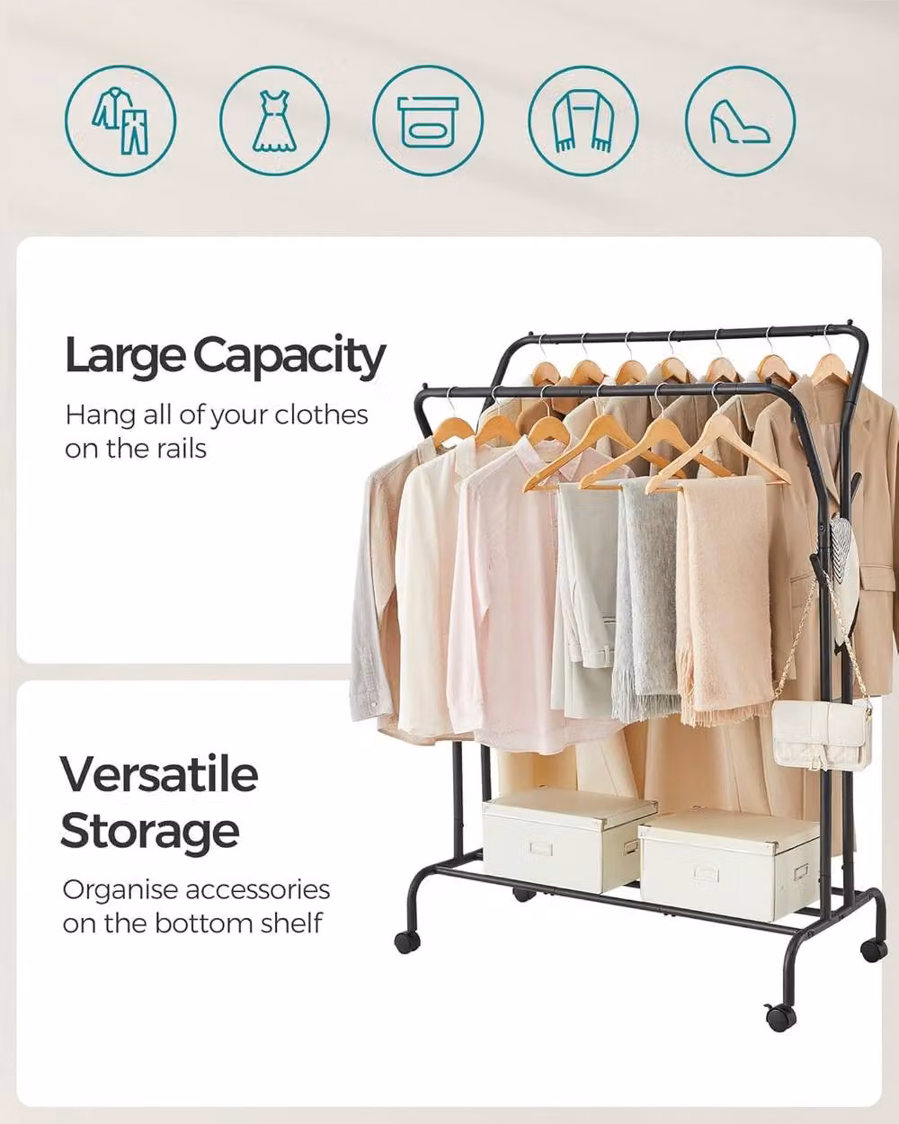 SONGMICS Heavy Duty Double Clothes Rail with Shelf and Wheels in Matt Black – 2