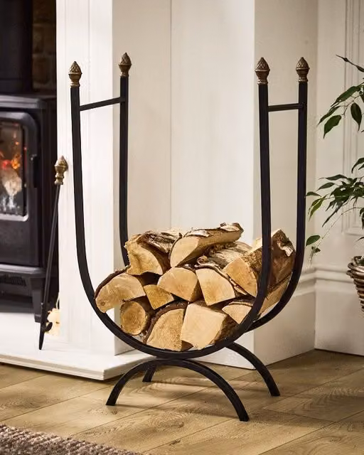 Dibor Traditional Style Black U Shape Metal Log Holder with Acorn Decoration, H: 76 cm, W: 46 cm – 1