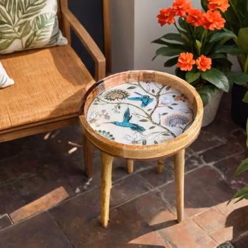 Hartsmede Mango Wood Round Side Table in Beige with Floral Design and Detachable Legs – 2