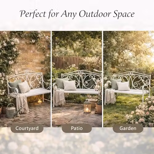GlamHaus Andalusia 2 Seater Foldable Metal Garden Bench in White – 2