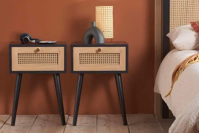 Birlea Croxley Pair of Rattan 1 Drawer Bedside Cabinets in Black and Gold