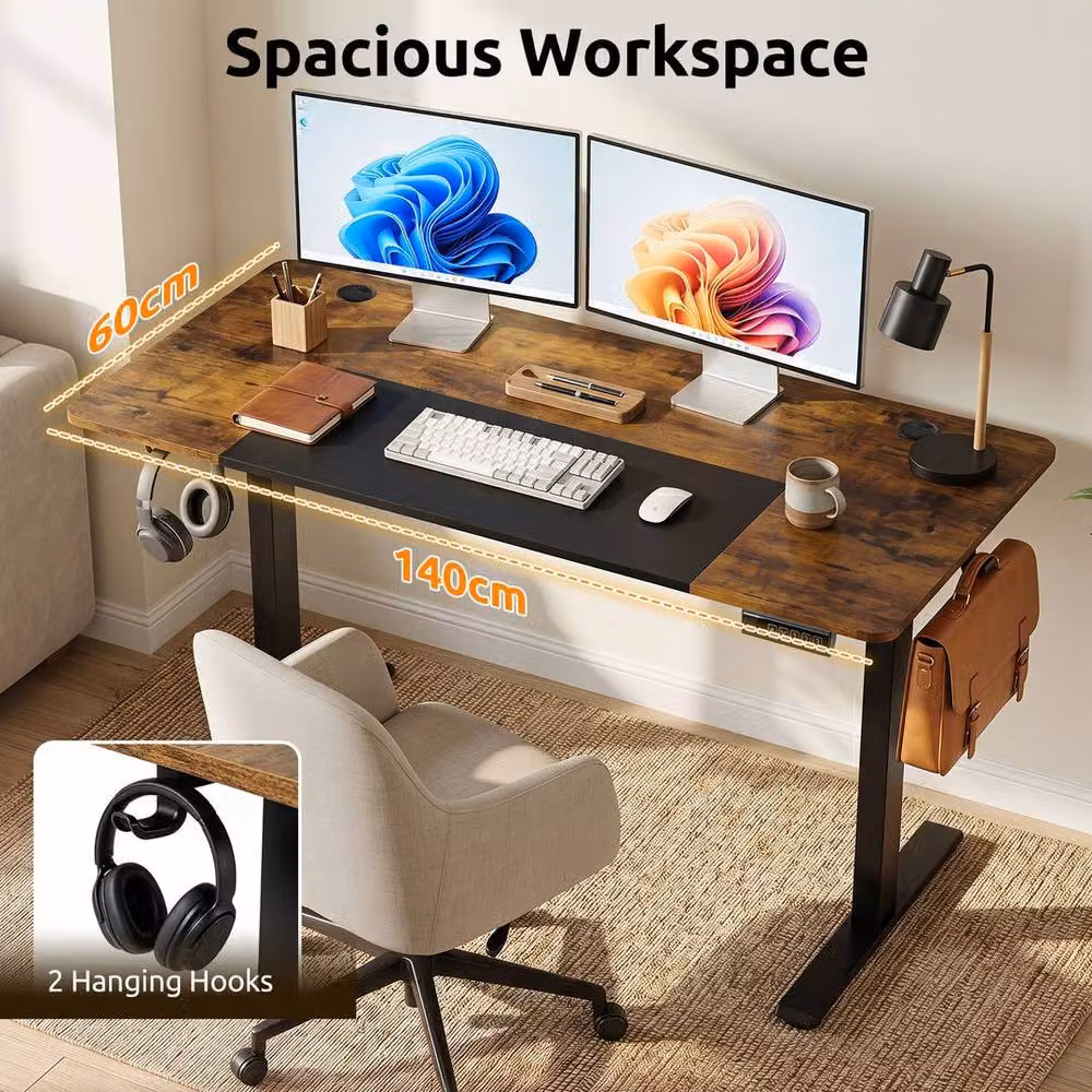 KORVIXA Brown Height Adjustable Electric Sit Stand Gaming and Office Desk W/D/H: 140 x 60 x 118 cm – 4