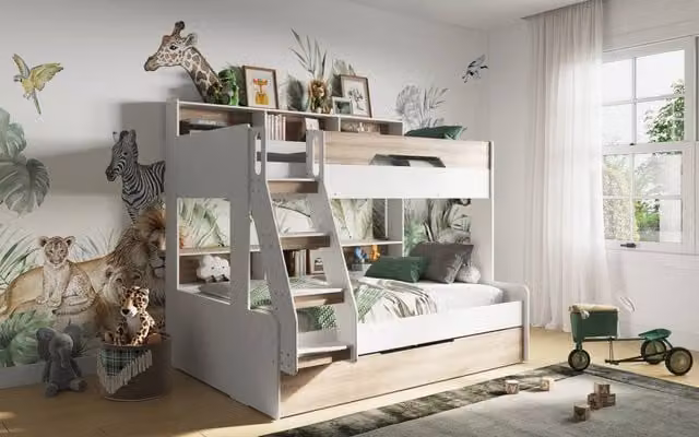 Flair Interstellar Triple Bunk Bed in Brown and White with Pine Wood Details, Size: 90 x 190 cm