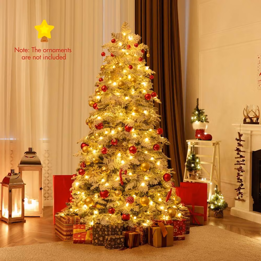 Gymax 6 FT Pre-Lit Artificial Snow Flocked Christmas Tree in White – 3
