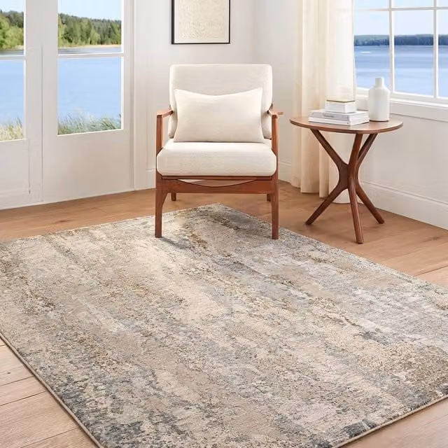 Livabliss Arda Abstract Modern Marble Fringe Living and Dining Rug in Grey and Brown, W: 200 cm, D: 290 cm – 1