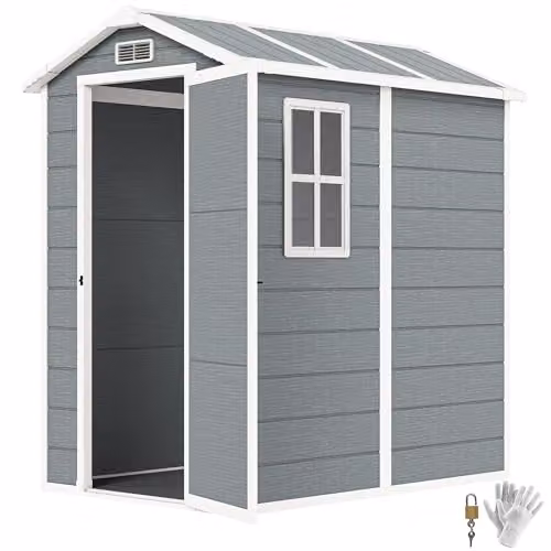 Outsunny Grey Plastic Garden Shed with Floor, Window and Lockable Single Door – 1