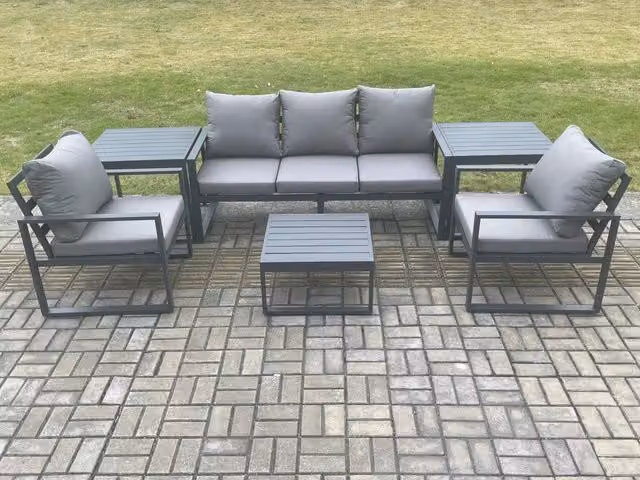 Fimous Modern Powder Coated Aluminium Outdoor Garden Furniture Set in Dark Grey with Upholstered Cushions, 3-Seater Sofa, 2-Seater Sofa, Coffee Table and 2 Side Tables