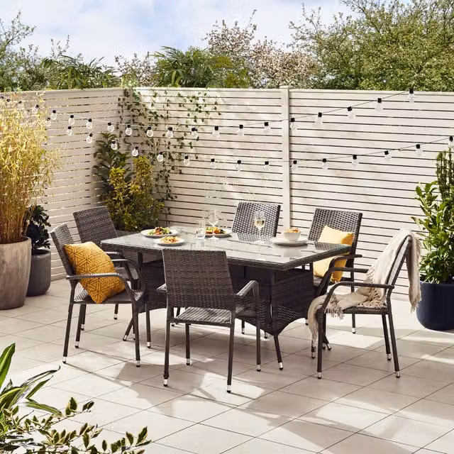 Furniturebox Antigua 6 Seat Brown Rattan Garden Dining Set with Grey Glass Top