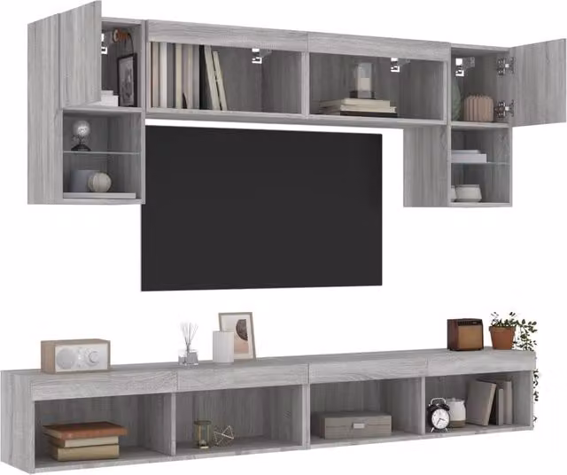 Berkfield Home 6 Piece Modern TV Wall Unit Set with Integrated LED Lighting in Grey Sonoma Matt Finish