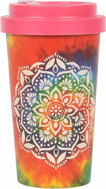 KDMK Tie Dye Mandala Bamboo Eco Travel Mug with Lid, Red, White and Multicolour