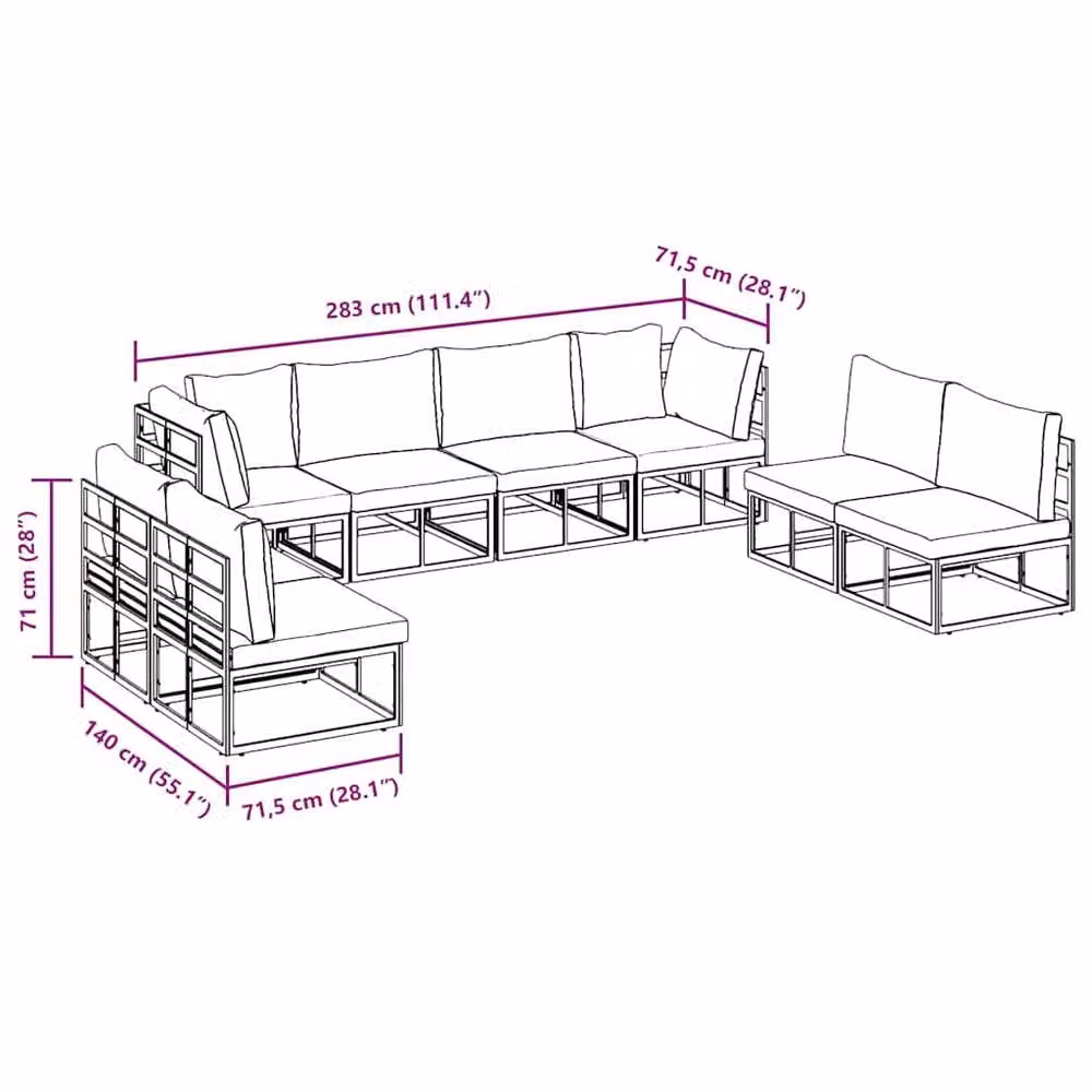 Berkfield Home 8 Piece Modern Garden Sofa Set in Black with Powder Coated Aluminium Frame and Weather Resistant Upholstered Cushions, W: 283 cm, D: 71.5 cm, H: 71 cm – 3