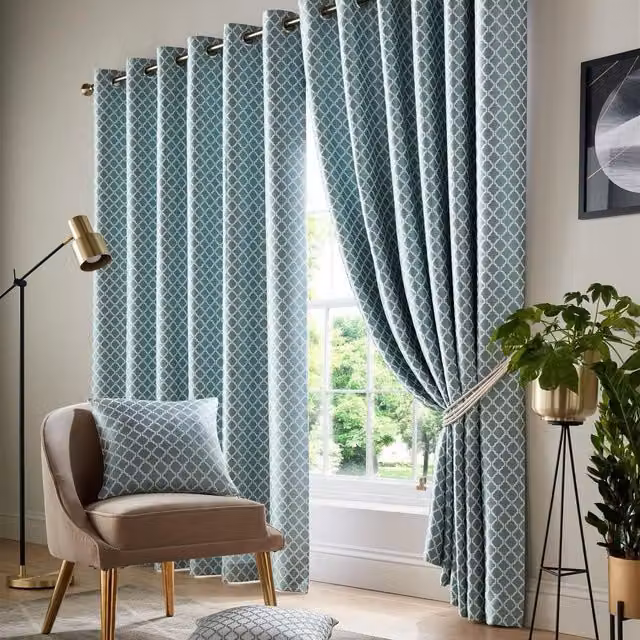 Luxury Living Modern Geometric Eyelet Curtains in Petrol and Turquoise Multicolour, Width: 168 cm, Drop: 229 cm – 1