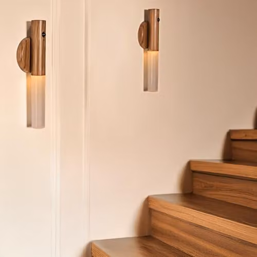 OHS 2 Pack Rechargeable LED Motion Sensor Wall Lights in Wood, Warm White Night Lights for Hallway, Kitchen and Stairs – 2
