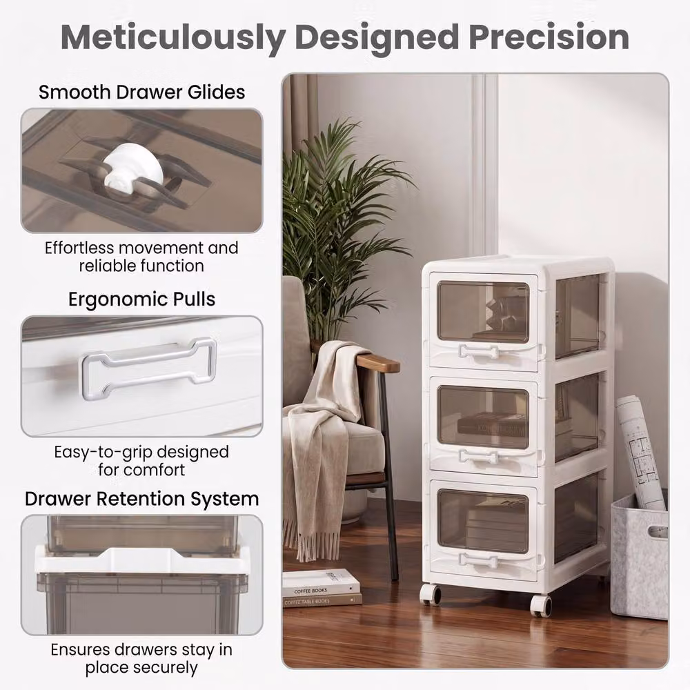 Costway 3-Tier Plastic Rolling Utility Cart with Drawers in White – 5