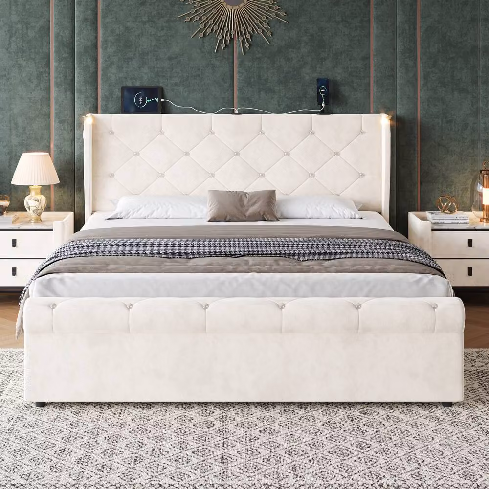 Matteo Double Upholstered Hydraulic Storage Bed Frame in Beige with USB Charging Port and Integrated Reading Light, W/D/H: 140 x 200 cm – 3