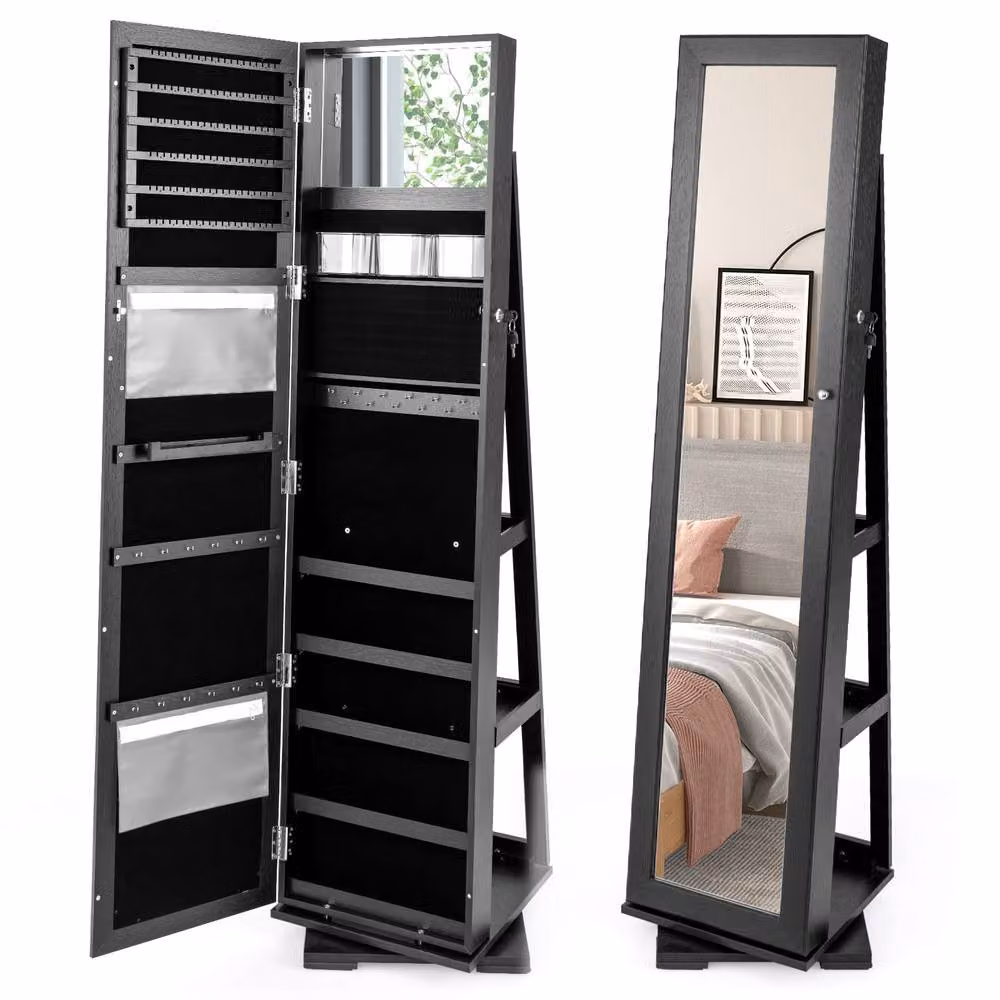 Gymax 3-in-1 Jewellery Mirror Cabinet in Black with 360 Degree Swivel and Lockable Hinged Doors – 9