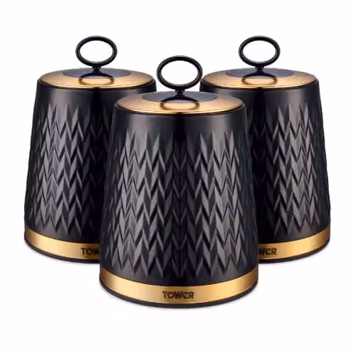 Tower Empire Set of 3 Airtight Geometric Metal Storage Canisters, 1.3L, Black and Bronze