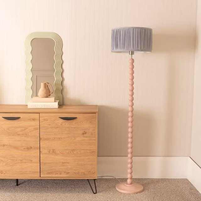 ValueLights Bobbins Rose Floor Lamp with Ruched Drum Shade in Blue