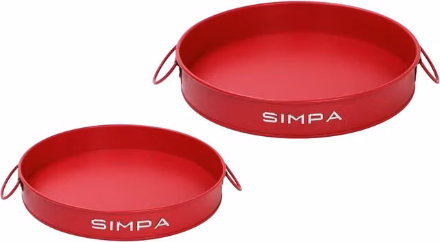 Simpa Set of 2 Round Metal Serving Trays with Handles in Red