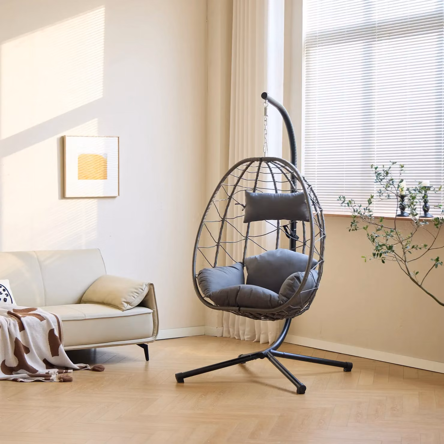 Nordlys Black Rattan and Metal Hanging Armchair – 3