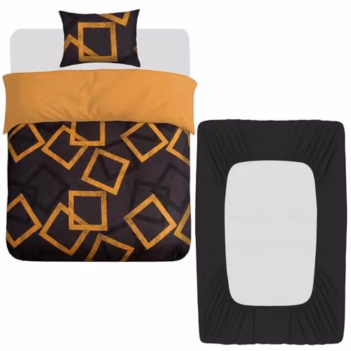 Grace 4 Piece Premium Microfibre Duvet Cover Set with Fitted Sheet in Gold and Black, Reversible and Breathable, W/D/H: 135 x 200 cm, 50 x 75 cm, 90 x 190 cm – 1