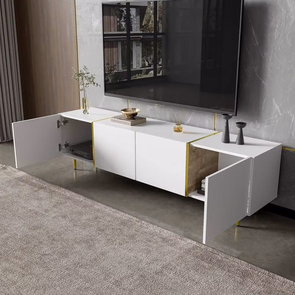 FORGEVIO Modern White and Gold Glossy TV Entertainment Cabinet Unit – 2