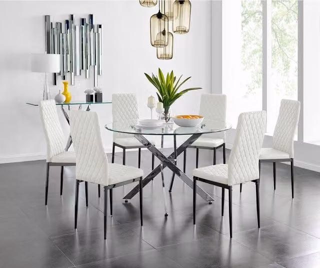 FurnitureboxUK Novara Round White Glass Dining Table with Six Black Milan Faux Leather Chairs, Diameter: 120 cm