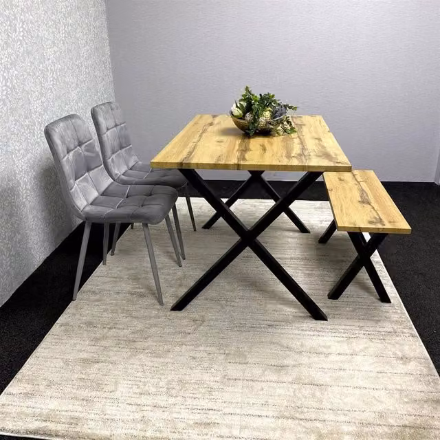 KOSY KOALA Brown Wooden Dining Set with 2 Grey Velvet Chairs and Bench – 2