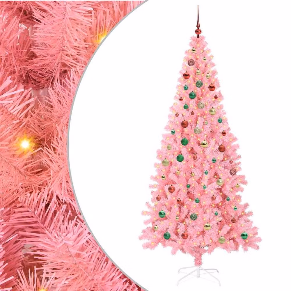 Berkfield Home Pink PVC Christmas Tree with 300 LEDs and Stand, Height: 210 cm – 2