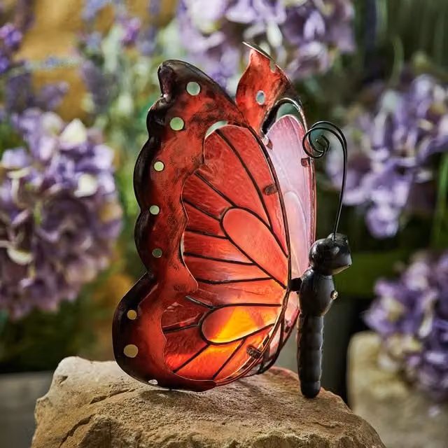 mysmartbuy Solar Butterfly Garden Ornament with Red and Black Hand Painted Resin Glass and Iron Frame, H 26 x W 14 x D 13 cm