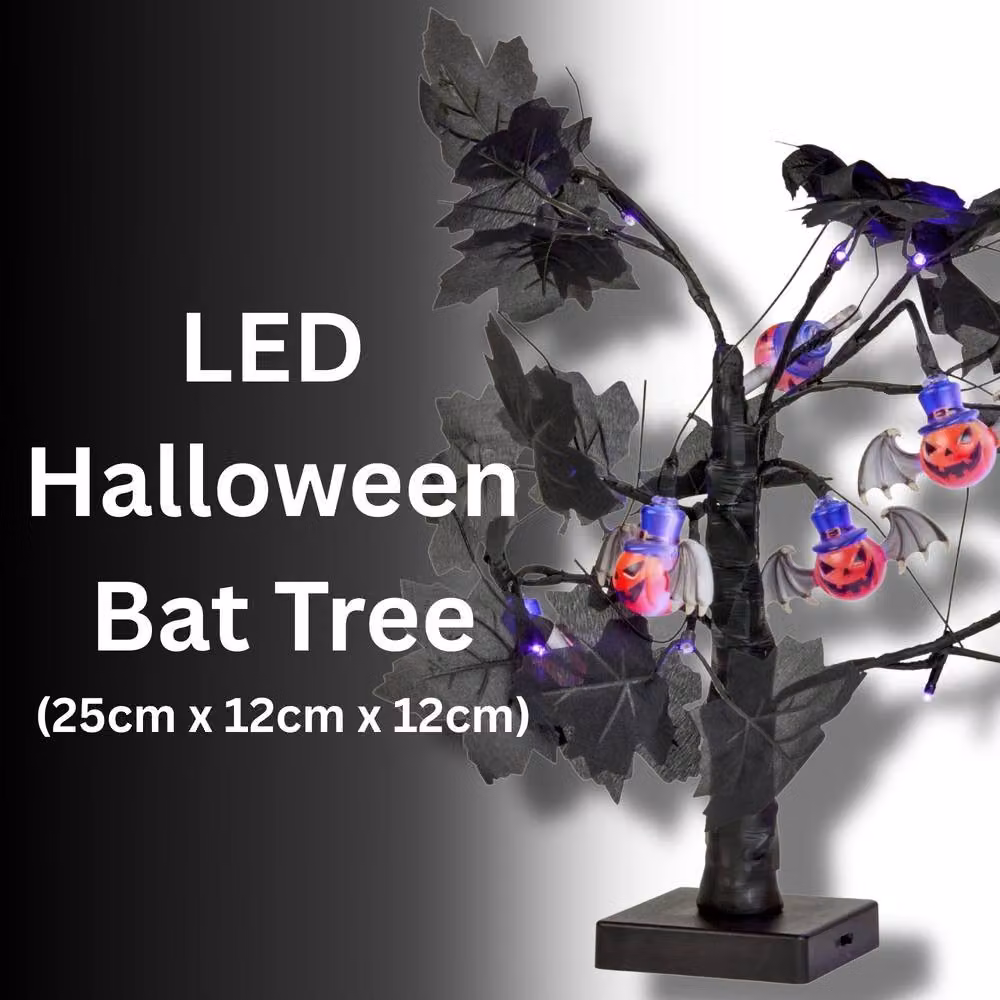 Marco Paul Halloween Tree with Bats, Pumpkins and Purple LED Lights in Black, Large – 3