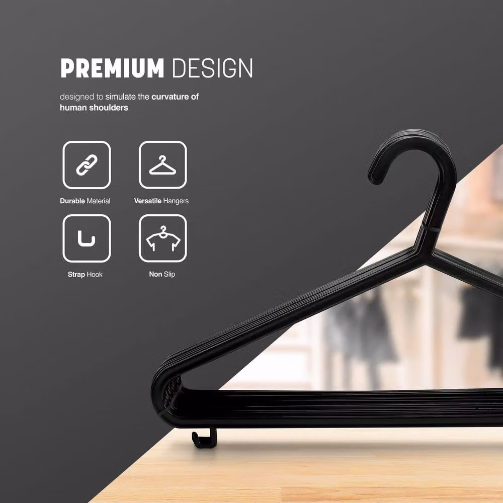 Keplin 25 Pack Plastic Adult Coat Hangers with Trouser Bar and Clips in Black, Width: 37.5 cm – 4