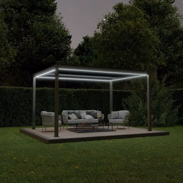 Agadon Aluminium Pergola Shading System with Motorised Slats and LED Lights in Anthracite Grey – 1