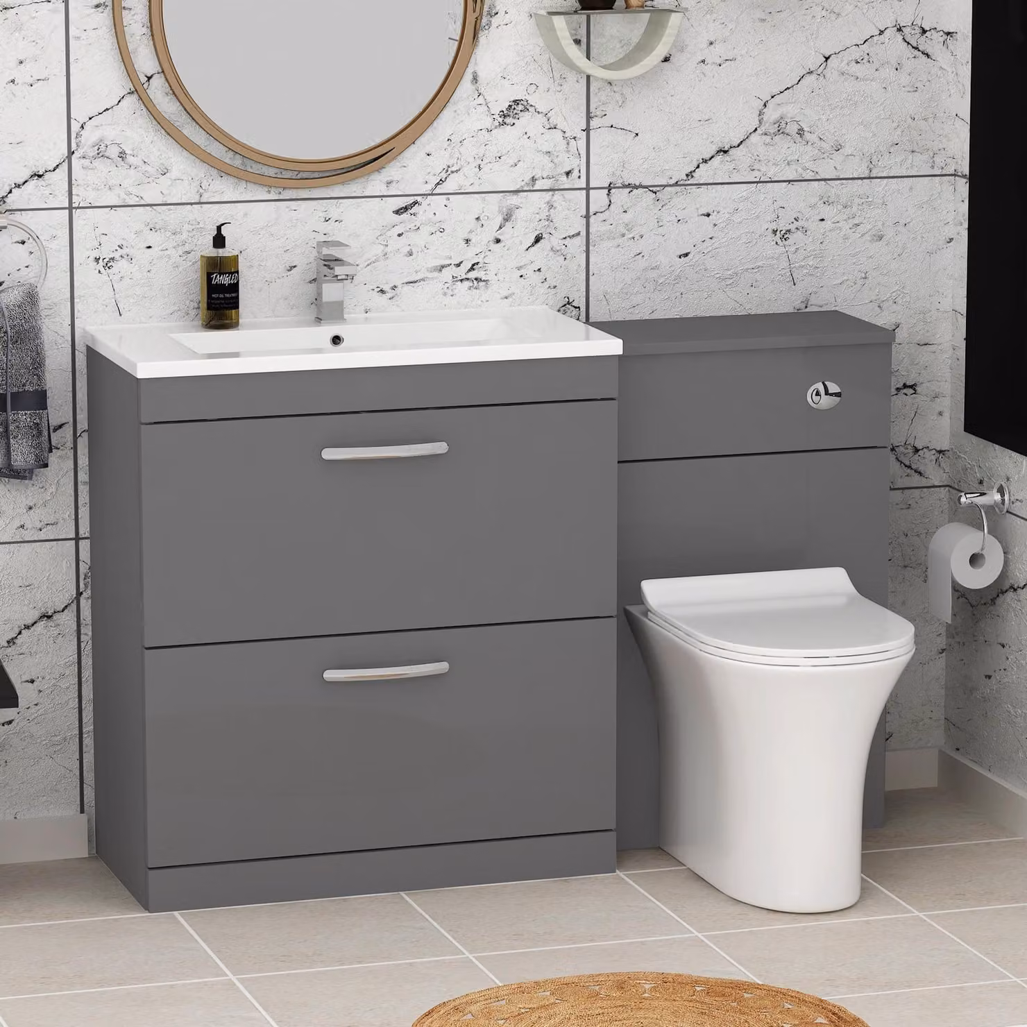 Royal Bathrooms Indigo Grey Gloss 2 Drawer Furniture Pack with Minimalist Basin and Slim Breeze Back to Wall Toilet, Width: 130 cm