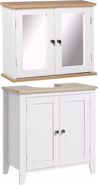 kleankin Modern Bathroom Furniture Set in White and Wood Grain featuring a Wall Mounted Mirror Cabinet with Adjustable Shelves and a Sink Vanity Unit
